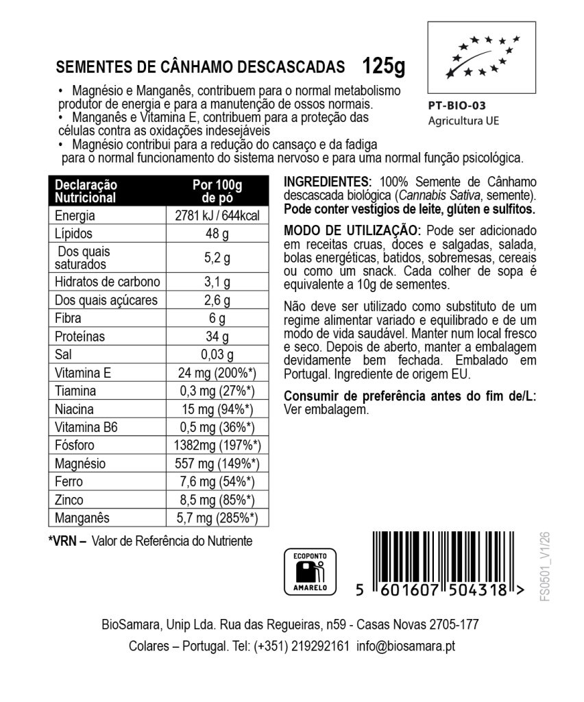 Sementes de Cânhamo Descascadas Biológicas
