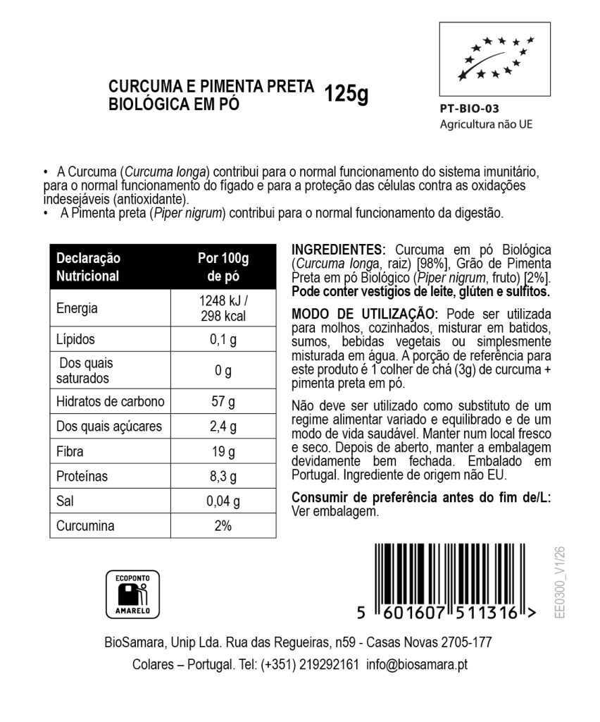 Mistura de Curcuma e Pimenta Preta em Pó Biológica