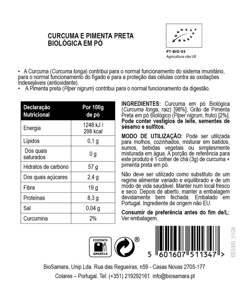 Mistura de Curcuma e Pimenta Preta em Pó Biológica