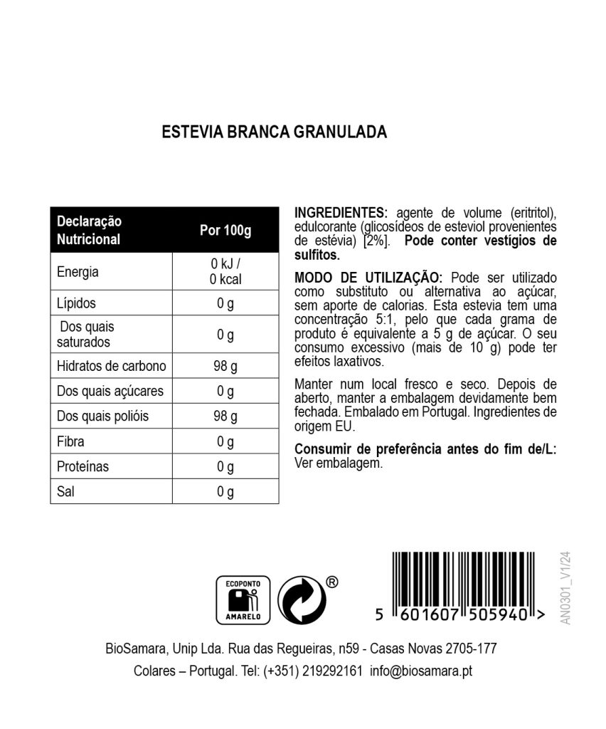 Stevia Branca Granulada (Não Biológica)